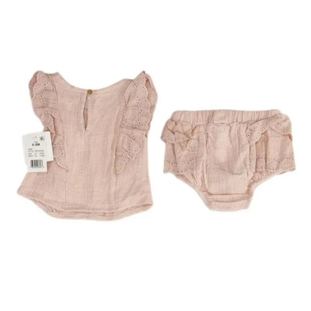 NEW Girls sz 0-3 Months Pink Ruffled Eyelet Shirt & Bloomers 2 Pc Set GRAYSON